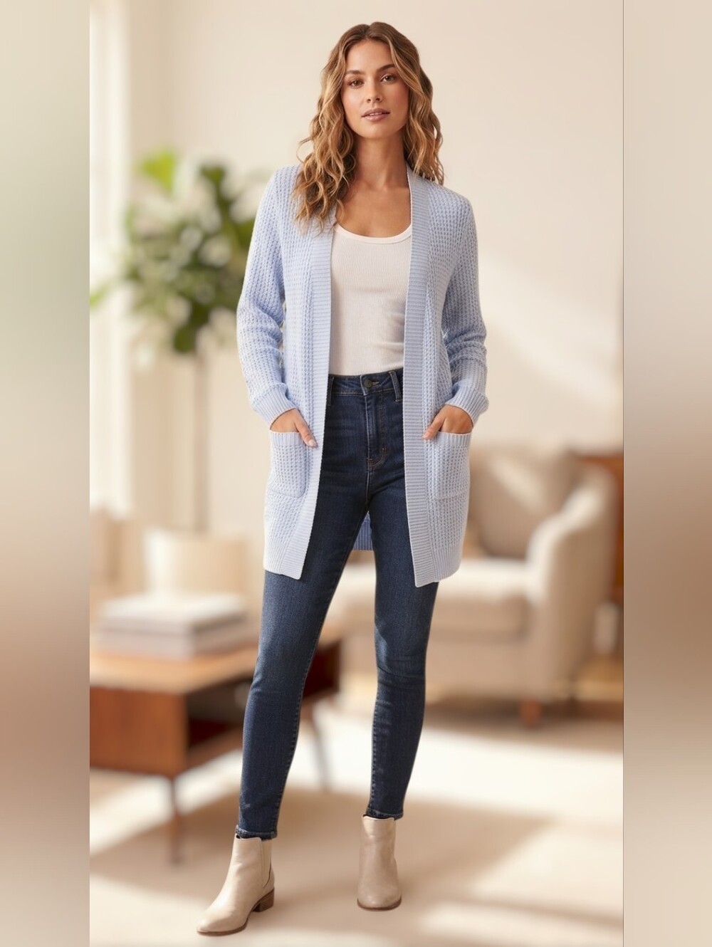 Soho Apparel Lught Blue Waffle Knit Open Front Cardigan Sz L